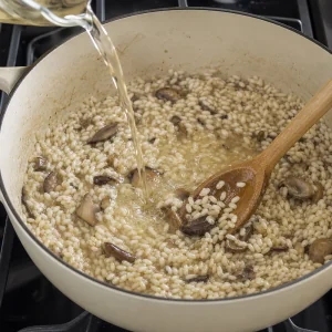 White wine poured into the toasted rice as it begins to absorb.