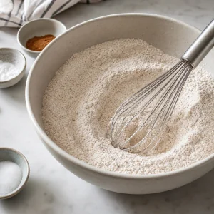 Ingredientes secos dos waffles misturados com um batedor numa tigela