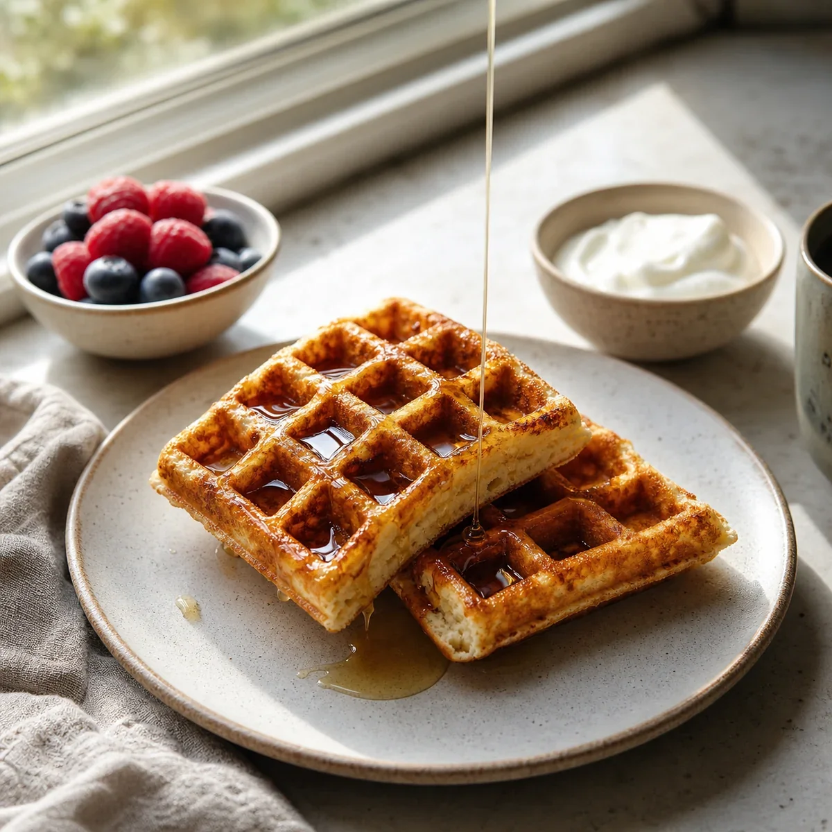 Waffles dourados de leitelho com frutos vermelhos, iogurte e xarope de ácer