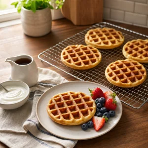 Waffles dourados a arrefecer numa grelha ao lado de fruta e iogurte