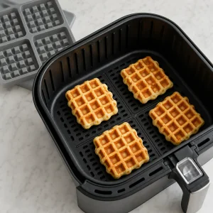 Waffles desenformados a dourar com o lado quadriculado para cima no cesto