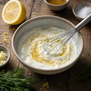 Creamy yogurt dressing whisked with lemon zest and pepper