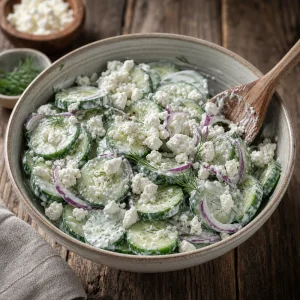 Crumbled feta folded into creamy cucumber salad
