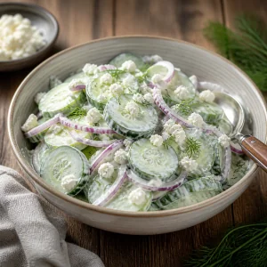 Finished cucumber salad with yogurt dressing, dill, onion, and feta