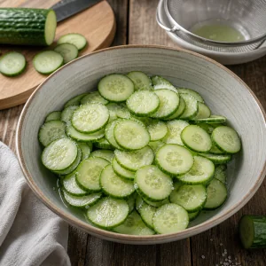 Salted cucumber slices releasing moisture in a bowl