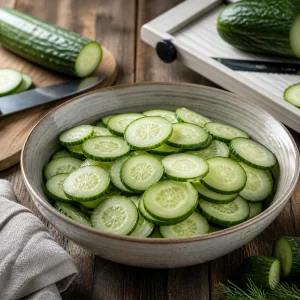 Thin cucumber slices in a ceramic bowl