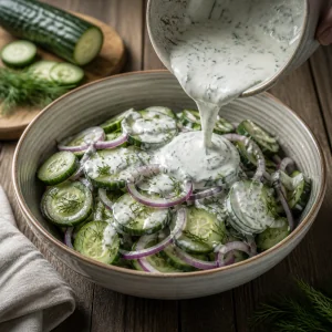 Yogurt dressing poured over cucumbers with red onion and dill