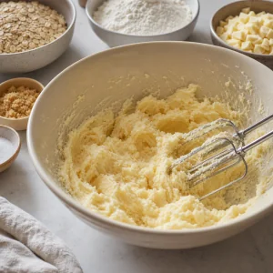 Creamed butter and sugars in a mixing bowl
