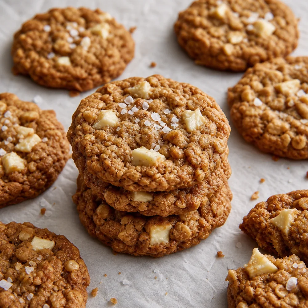 Crisp oatmeal white chocolate cookies with flaky sea salt