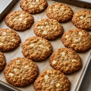 Deep golden oatmeal cookies on a baking sheet