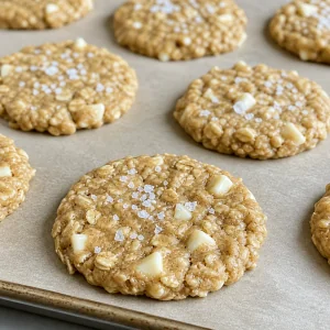 Flattened cookie dough sprinkled with flaky sea salt