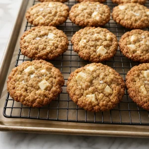 Oatmeal white chocolate cookies cooling on a wire rack