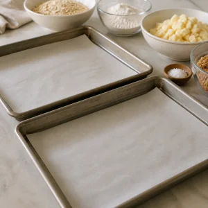 Parchment-lined baking sheets ready for cookies