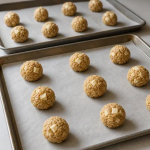 Portioned oatmeal cookie dough balls on a baking sheet