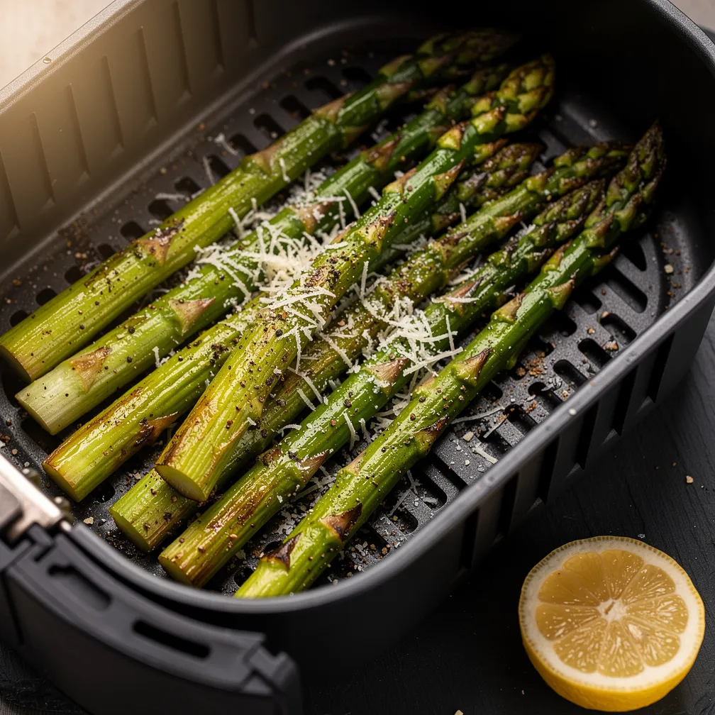 Crispy asparagus spears topped with parmesan cheese on a plate with lemon wedge