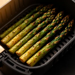 Roasted asparagus in the basket with lightly crisped tips and tender stalks.