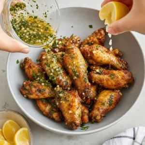 Alitas de pollo de freidora de aire mezcladas con glaseado de ajo y hierbas, perejil y limón.