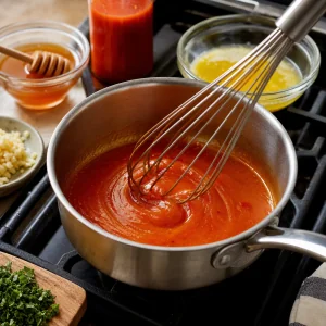 Mantequilla, salsa picante, miel, ajo y hierbas batidos en un glaseado brillante.