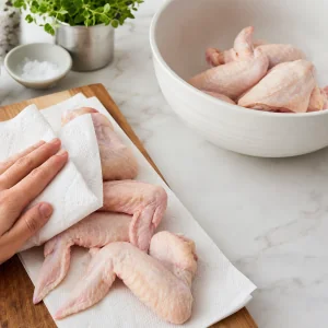 Alitas de pollo secadas con papel de cocina antes de sazonarlas.