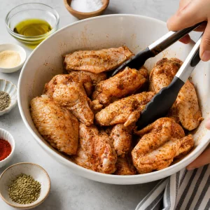 Alitas de pollo mezcladas con polvo de hornear, especias, hierbas y aceite de oliva.