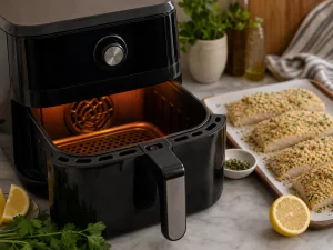 Air fryer preheating beside prepared crusted cod