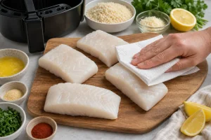 Cod fillets patted dry with paper towels