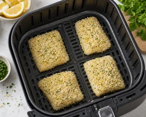 Crusted cod fillets spaced in an air fryer basket