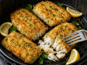 Golden air fryer cod with a flaky white interior
