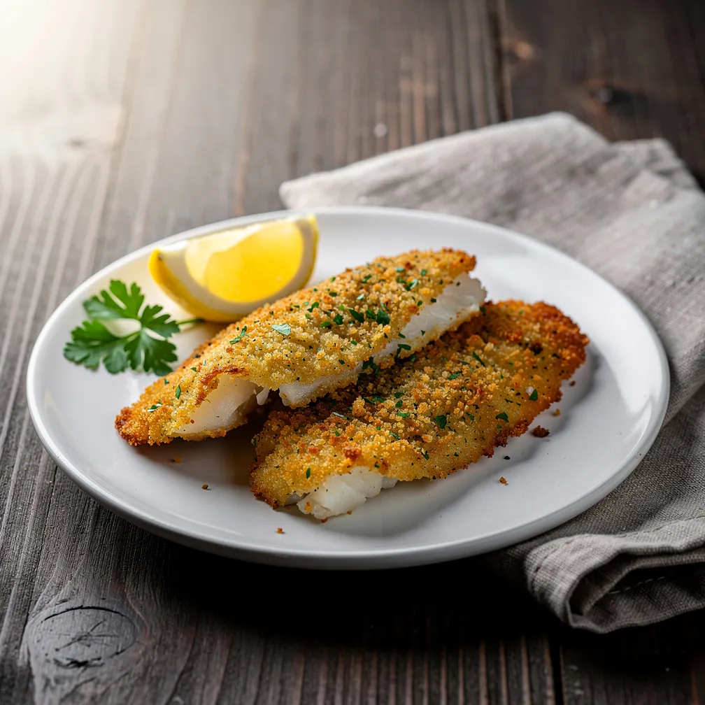 Golden crispy air fryer cod fillets with lemon wedges and parsley