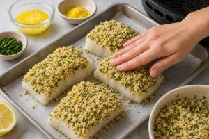 Lemon herb panko crust pressed onto cod fillets