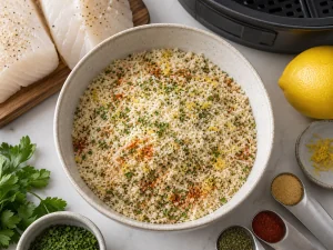 Panko, Parmesan, lemon zest, and herbs mixed in a bowl