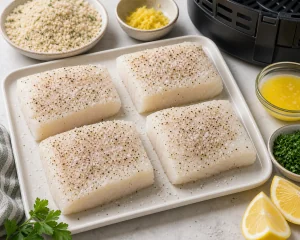Raw cod fillets seasoned with salt and black pepper