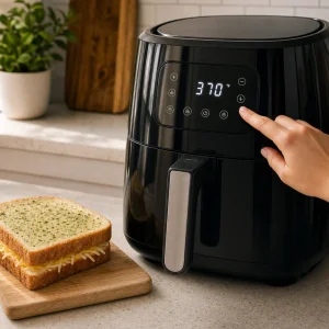 Air fryer set to 370 degrees Fahrenheit with assembled herb-butter grilled cheese sandwiches ready nearby.