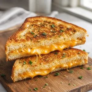 Finished air fryer grilled cheese sandwiches sliced diagonally with crisp herb-butter crust and melted cheddar.