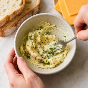 Garlic-herb butter with parsley, salt, and pepper being mixed in a small bowl for air fryer grilled cheese.