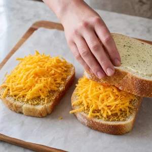 Shredded sharp cheddar piled on sourdough slices before topping the air fryer grilled cheese sandwiches.