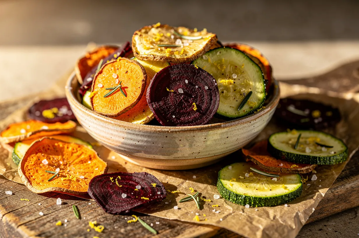 Chips de légumes croustillantes à l’airfryer, citron & herbes