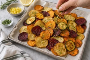 로즈마리와 레몬 제스트를 뿌린 따뜻한 채소칩