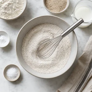All purpose flour buckwheat flour baking powder and salt whisked in a bowl