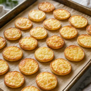 Baked blini golden brown with crisp edges on a parchment lined tray