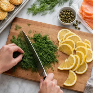 Fresh dill chopped with lemon wedges capers and smoked salmon ready for topping