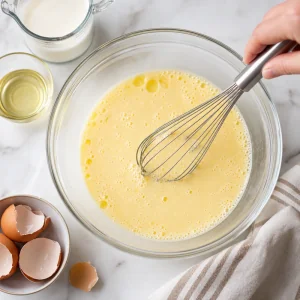 Milk eggs and vegetable oil whisked together for blini batter