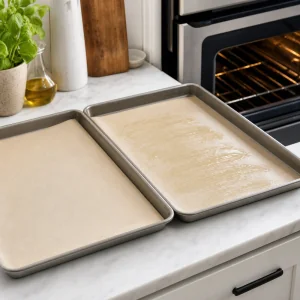 Parchment lined baking sheets prepared beside a preheated oven for baked blini