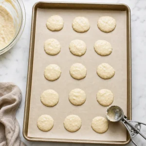Spoonfuls of blini batter portioned onto a parchment lined baking sheet