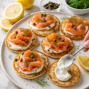 Warm baked blini topped with sour cream smoked salmon dill capers and lemon