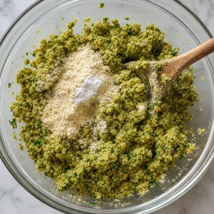 Coarse falafel mixture in a bowl with chickpea flour and baking powder