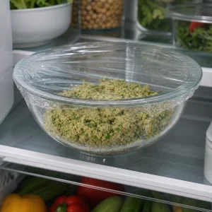 Covered bowl of falafel mixture chilling on a refrigerator shelf