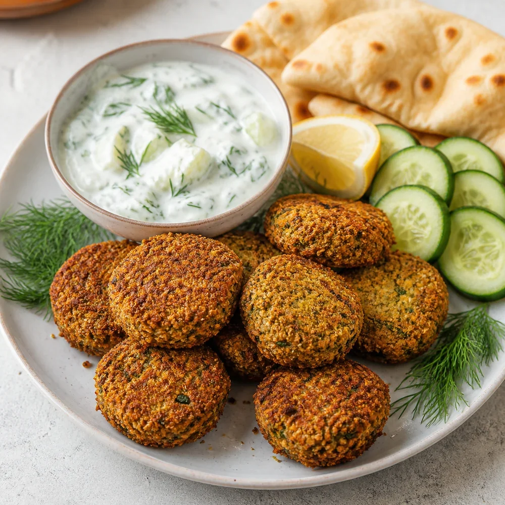 Crispy baked falafel with tzatziki, cucumber, lemon, dill, and pita
