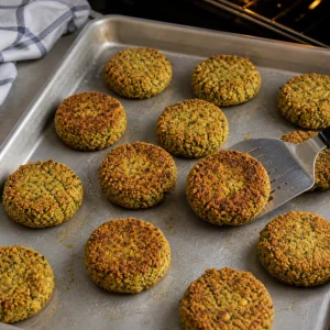 Golden falafel patties being flipped with a thin metal spatula
