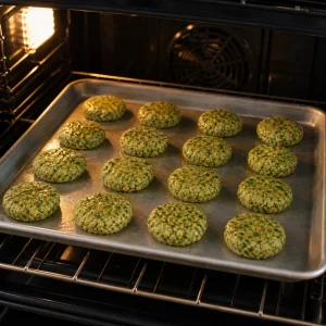 Olive-oiled falafel patties baking on a sheet pan in the oven